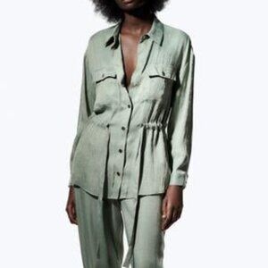 Zara Mint Green SATIN BELTED OVERSHIRT